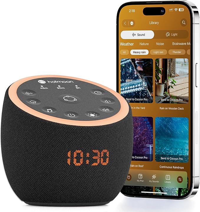 Hotmoon Sound Machine, Cocoon Pro 2 White Noise Machine for Sleeping Adults, 388 Non Looping Sounds & Sleep Timer, Smart App Control Night Light, Nature Sound Pink Green Brown Noise Maker, Plug in