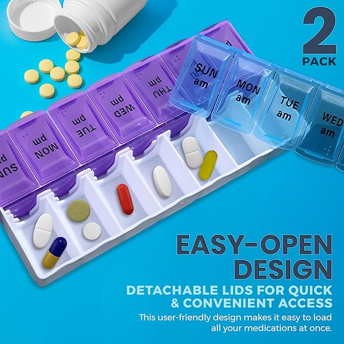 MEDca Pill Organizers - Small Pill Organizer with Weekly and Daily 2-Times-A-Day Compartments for AM/PM - BPA-Free, Portable and Travel Friendly Pill Boxes Case (2-Pack)