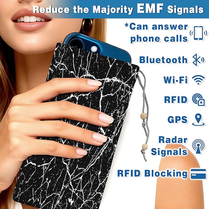 EMF Shield Sleeve for Cell Phone Reduce Signal Anti-EMP Pouch Against Radiation, EMF, 5G, RFID Blocking 4x8 Inch Marble-Black Phone Sleeve Bags