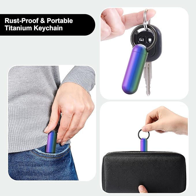 Small Pill Case Keychain Portable Pill Container Waterproof Titanium Pocket Pill Organizer, Tiny Pill Holder Bottle for Travel