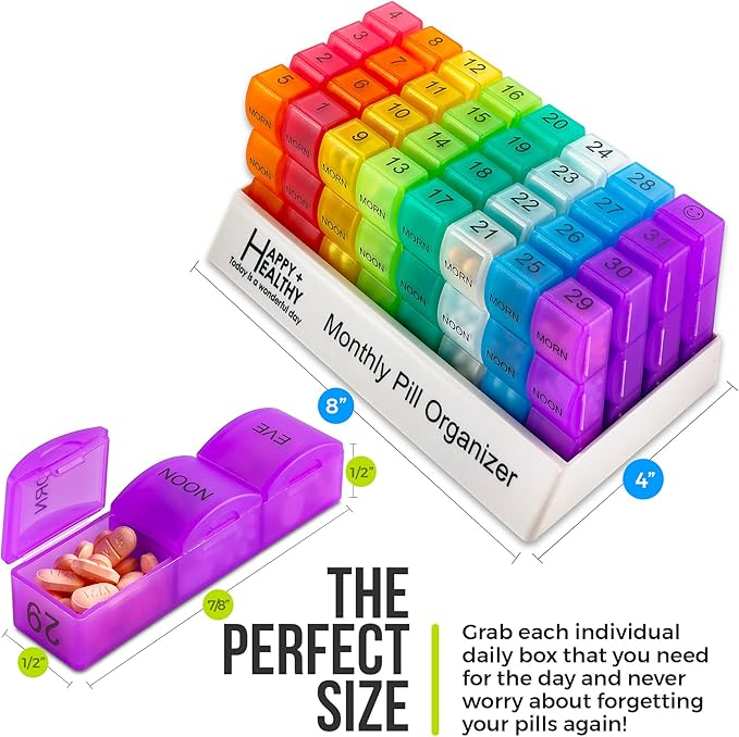 Month Pill Box Organizer - 3-Times-A-Day | Morning-Noon-Night - 30 Day Pill Case with 32 Daily Compartments for Vitamins, Supplements, Medication - Travel Monthly Pill Organizer 3 Times A Day
