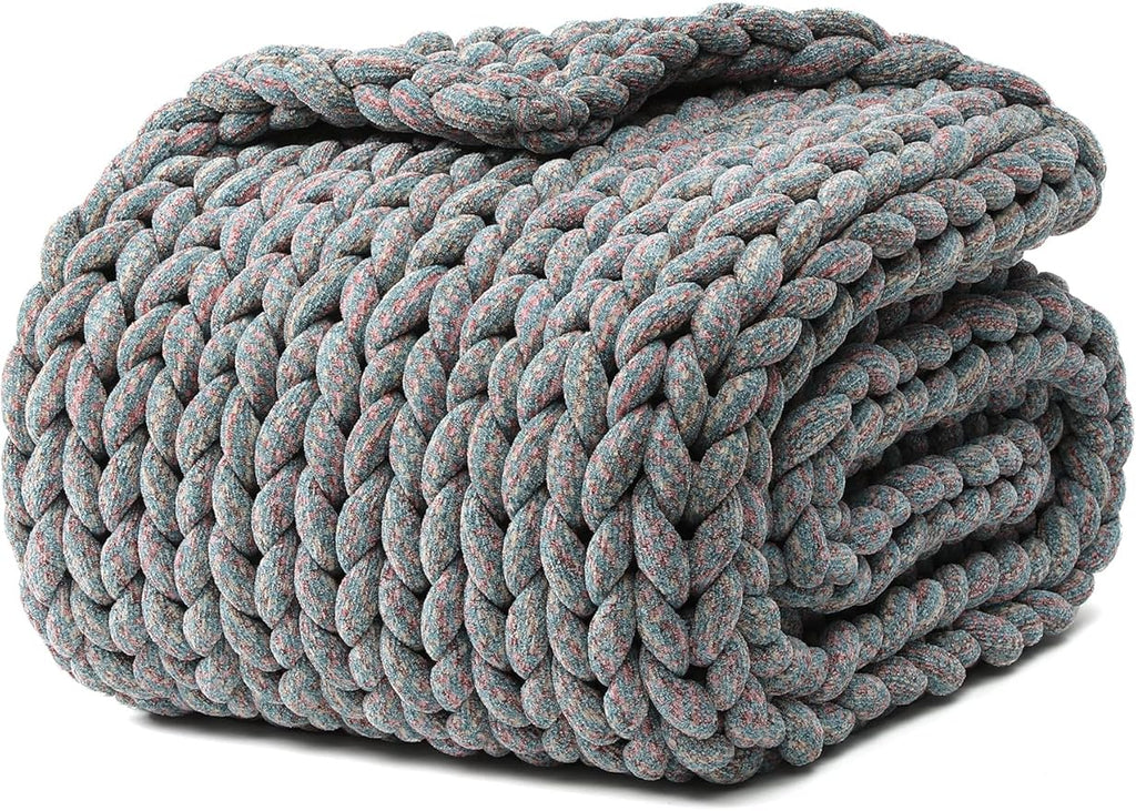 YnM Chenille Weighted Blanket, Handmade Chunky Knitted Design, Soft and Cozy, Temperature Regulating and Breathable, Machine Washable Throw for Sleep or Home Decor (Red Blue, 50x60 Inch, 10lbs)