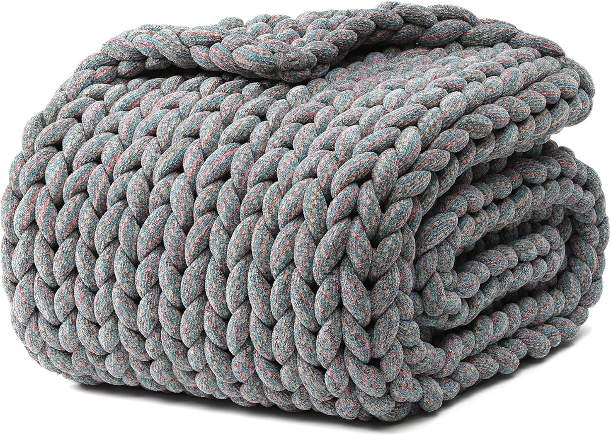 YnM Chenille Weighted Blanket, Handmade Chunky Knitted Design, Soft and Cozy, Temperature Regulating and Breathable, Machine Washable Throw for Sleep or Home Decor (Red Blue, 50x60 Inch, 10lbs)