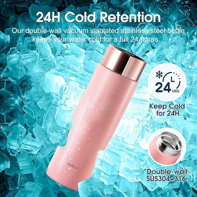 Vsitoo Smart self cleaning Insulated Water Bottle, 15oz Stainless Steel Vacuum Flask, AI Self-Clean, 30-Day Battery Life, BPA-Free, Magnetic Charging, Portable Travel Mug Gifts for Men Women, Pink