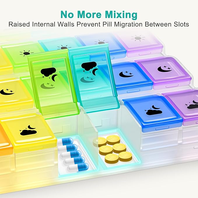 Fullicon Weekly Pill Organizer 4 Times a Day, Large Capacity Pill Case with Easy Fill, Medicine Organizer for Vitamin, Supplement & Pill, Great Gifts for Seniors (Clear Rainbow) - Patent Pending