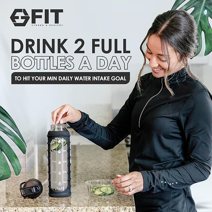 FIT Strong & Healthy 32 oz Glass Water Bottle with Straw Lid - Wide Mouth Borosilicate Glass Water Bottles with Time Marker, Silicone Sleeve & Extra Lid - 1L Large Motivational Drinking Bottle