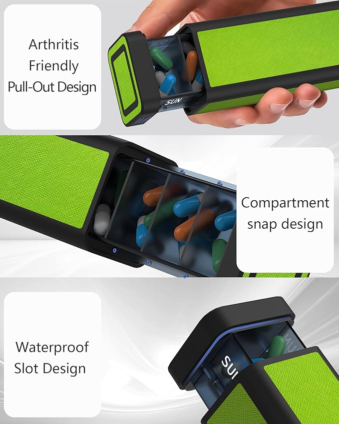 Weekly Pill Organizer 7 Day, Discreet Leather Pill Case for Purse or Pocket, Easy Slide-Out Daily Medication Planner, 1 Time a Day Travel Vitamin and Supplement Holder (Green)