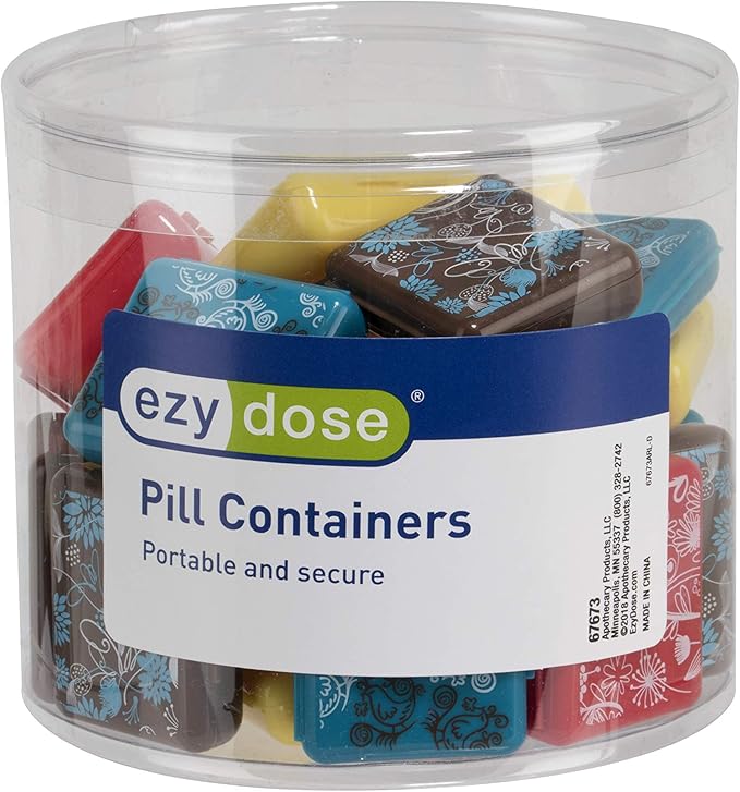 EZY DOSE Pockettes Floral Pill Containers, Daily Pill and Vitamin Container, Display Unit, Assorted Colors (Blue, Yellow, Brown, Red), Portable and Secure Storage, Travel Sized, BPA Free, Pack of 24