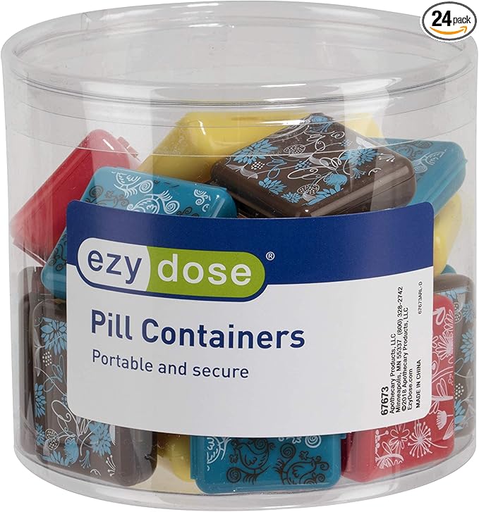 EZY DOSE Pockettes Floral Pill Containers, Daily Pill and Vitamin Container, Display Unit, Assorted Colors (Blue, Yellow, Brown, Red), Portable and Secure Storage, Travel Sized, BPA Free, Pack of 24