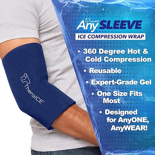 TheraICE Knee Ice Pack Wrap Compression ANYSleeve for Injuries, Reusable Gel Cold Packs Brace for Elbow & Calf - Flexible Cold Wrap Recovery for Pain Relief (One Size fits most people & Body parts)