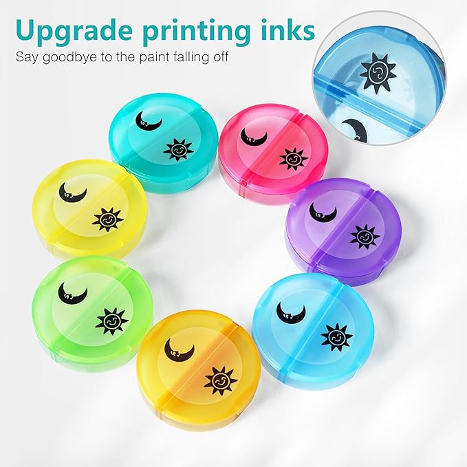 MOLN HYMY Portable Pill Organizer 2 Times a Day, Travel Friendly 7 Day Medicine Pill Box with Large AM PM Compartments for Medications/Vitamins/Fish Oil/Supplements (Rainbow+White Case)