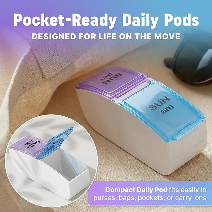Weekly AM/PM Pill Organizer - 7 Day Medicine Planner with Large Pop-Out Daily Compartments, Easy Open 2-Times-a-Day Pill Case for Travel that Holds Big Size Vitamins & Supplements, Blue and Purple