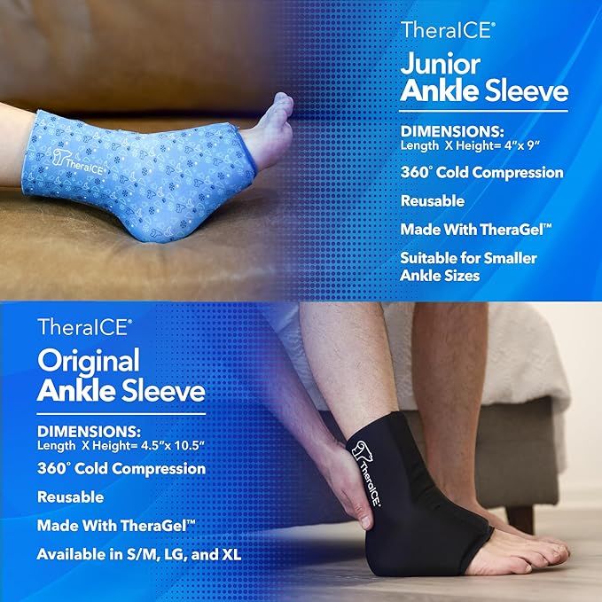 TheraICE Junior Ankle Ice Pack Wrap for Swelling, Reusable for Sprained Ankle Injuries, Cold Therapy Sock Compression, Plantar Fasciitis Relief, Achilles Tendonitis, Sore Feet, Foot & Heel (X-Small)