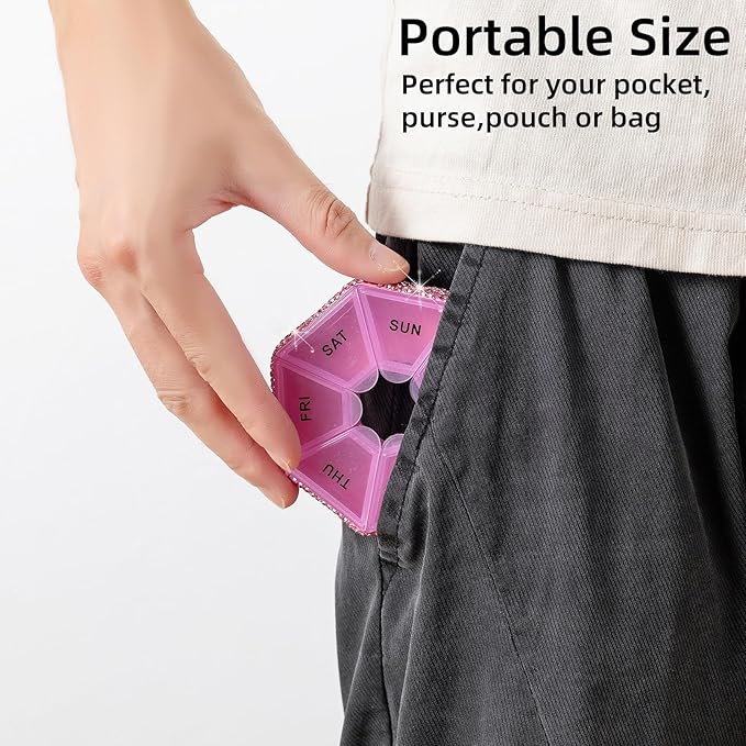 Round Pill Organizer Small Weekly Pill Case for Purse Bling Cute Medicine Pill Box Compact Vitamin Container 7 Day Daily Pill Holder Planner(Pink)