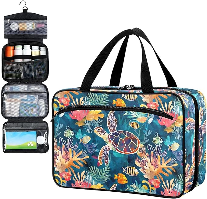 Fustylead Hand Draw Sea Turtle and Fish Coral Pill Organizer Bag Large Medicine Travel Carrying Case with Zipper for Vitamin Supplements Fish Oil, Empty First Aid Kit for Hiking Camping