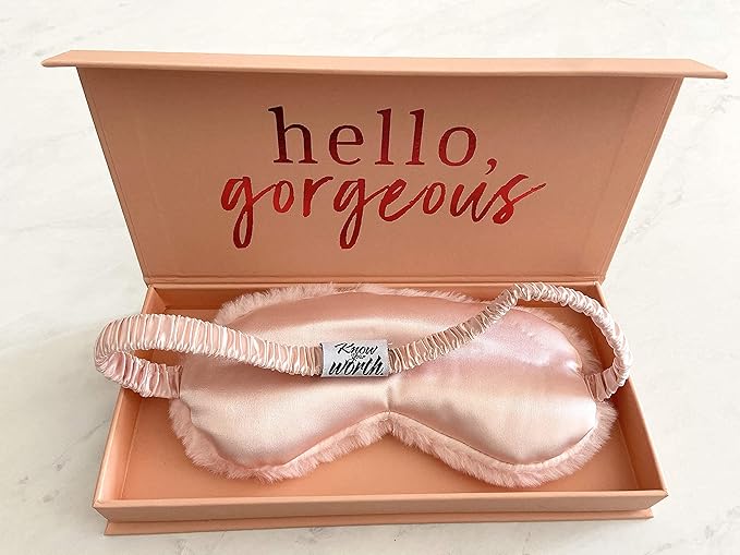 Know Your Worth 100% Mulberry Silk Sleep Eye Mask + Luxury Gift Box - Soft Faux Fur on One Side, Silk on Other - 100% Blackout - Best Gift for Her