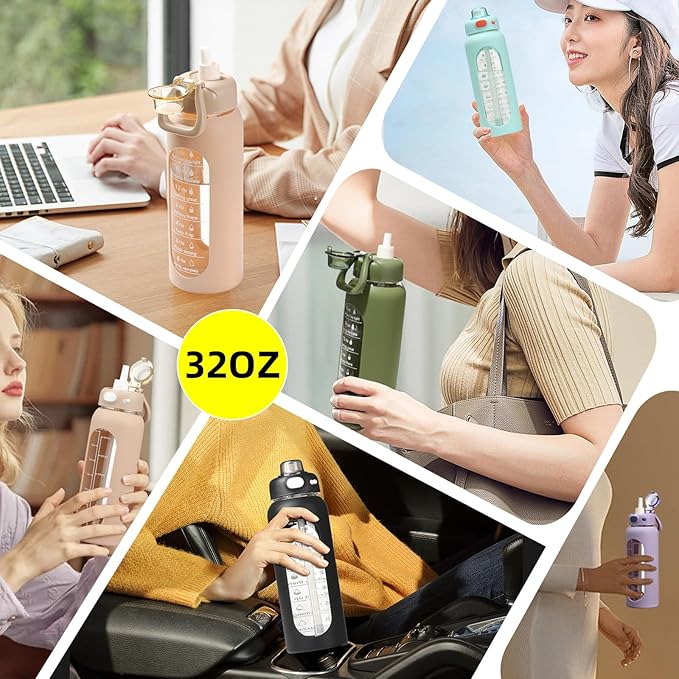 SIEROZUR 32 oz Glass Water Bottle with Straw and Handle 1 Liter Glass Water Bottle with Silicone Sleeve and Time Marker Sports Water Jug Wide Mouth for Travel Gym