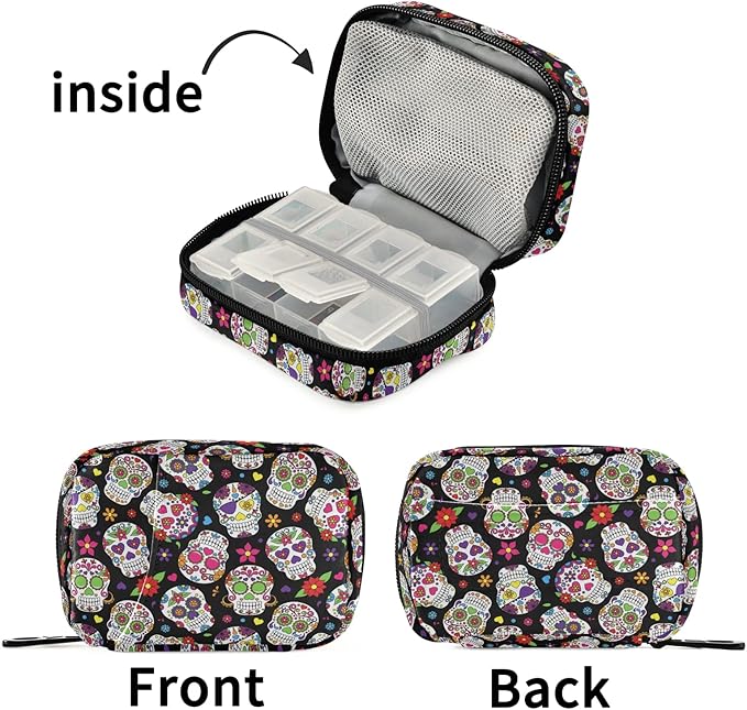 Day of The Dead Sugar Skull Pill Box 7 Day Pill Case Travel Pill Organizer Bag with Zipper Portable Weekly Case Compact Size for Vitamin Supplement Holder