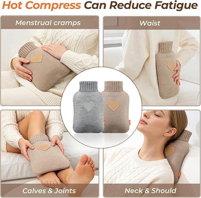 samply 2L Hot Water Bottle, 2 Packs Hot Water Bag with 2 Knitted Covers for Pain Relief, Birthday ldeas Gifts for Women, Daughter, Grandma, Sister, Wife (Grey&Khaki)