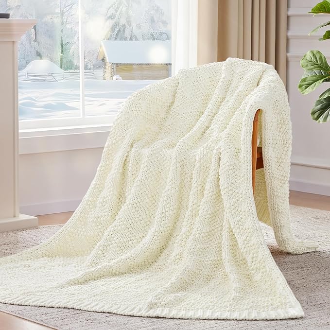Knitted Weighted Blanket for Adult, Chunky Knit Weighted Throw for Sleep 48"*72" 10lbs, Cooling Breathable Heavy Blanket for Hot Sleepers, Machine Washable Blanket for Room Decor(Ivory White)