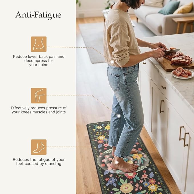 GENIMO Kitchen Mats for Floor 2PCS, Cushioned Kitchen Rugs Non Slip Washable, Farmhouse Anti Fatigue Mat Waterproof, Comfort Standing Mat Rug for Office, Home, Laundry, 17.3"x59"+17.3"x30", Black