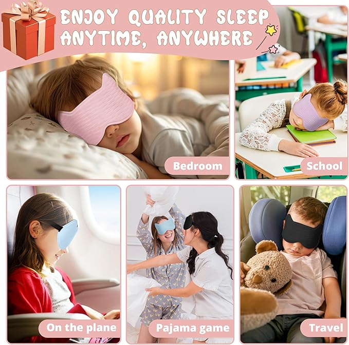 Kids Sleep Mask Eye Mask: 3D Contoured Cup Sleeping Masks, Blindfold with Adjustable Strap, Kids Eye Cover for Boys, Girls, Teens, Pressure-Free with Memory Foam Face Mask for Sleeping (Pink)