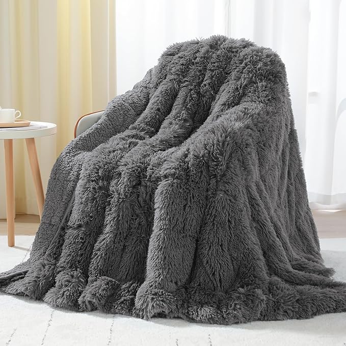 Uttermara Shaggy Faux Fur Weighted Blanket Queen Size, 12 lbs Long Fur Sherpa Soft Fluffy Bed Blanket for Adults, Ultra Cozy Warm Sherpa Throw Full/Queen Size Sofa Bed Blanket, 48 x 72inches, Grey