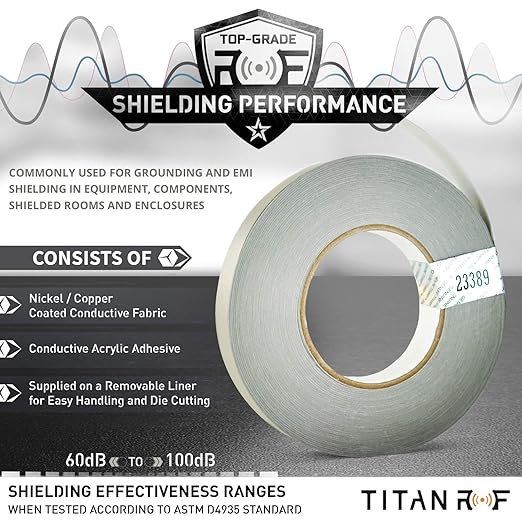 Mission Darkness TitanRF Faraday Tape // 1in W x 164ft L (2.54cm x 50m) High-Shielding Conductive Adhesive Tape Roll Used to Connect TitanRF Fabric Sheets or Seal RF Enclosures