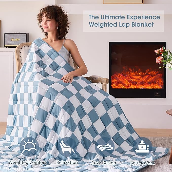 Blue Checkered Weighted Blanket for Adults 20lbs, 60"x80" Queen Size, Cooling Heavy Blanket for 130-220lbs with Premium Glass Beads, Soft Thick Big Blankets for All-Season Sleeping Comfort Breathable