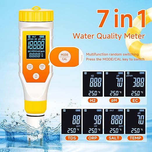 Hydrogen Water Tester,PH Meter 7 in 1 H2/TDS/EC/ORP/Salt/Temp with ATC & Backlight,Hydrogen Water Tester for Filtered Water, TDS Meter for Juice,Coffee,Your Plants.