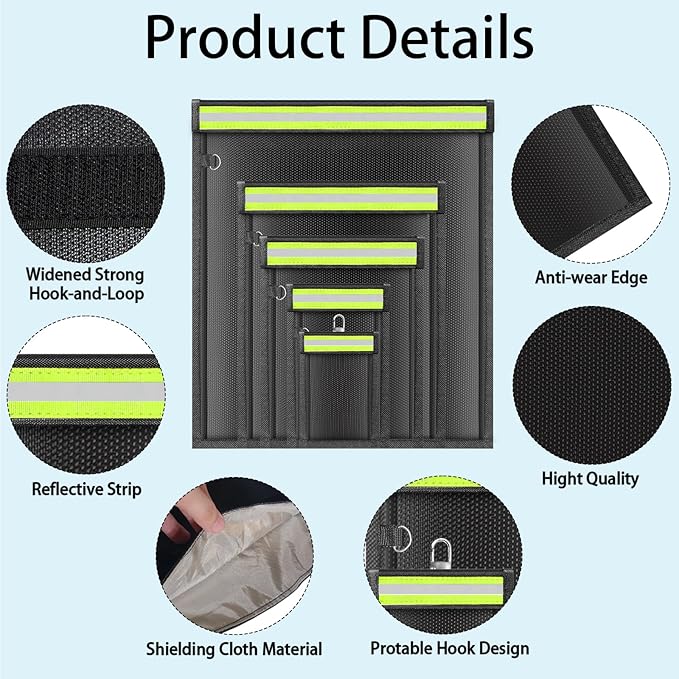 yaokvide Large Faraday Bags with Reflective Strip - 5 Pack Faraday Cages for Laptops & Tablets & Phones & Car Keys, Faraday Key Fob Protector, Fireproof & Waterproof Anti-theft Signal Blocking Pouch