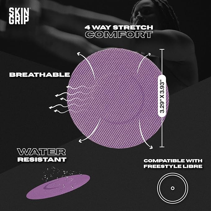 Skin Grip Freestyle Libre 2 Sensor Covers & Lingo CGM – Waterproof and Sweatproof Adhesive for 10-15 Days, Pre-Cut Medical Tape, Continuous Glucose Monitor Patch – 20 Pack, Purple