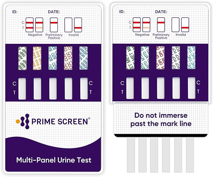 Prime Screen [5 Pack] 10 Panel Urine Drug Test Kit - Testing Instantly for THC (Marijuana), BZO (Benzos), MET (Meth), PCP (Phencyclidine), MTD, AMP, BAR, COC, OPI, MDMA - WDOA-3104