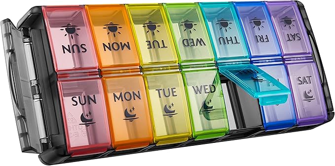 FGcase Large Pill Organizer 2 Times a Day 7 Day AM PM Pill Box Organizer with Lock, Easy Fill and Detachable Design, Travel Medicine Box for Vitamins and Pills, Black Rainbow