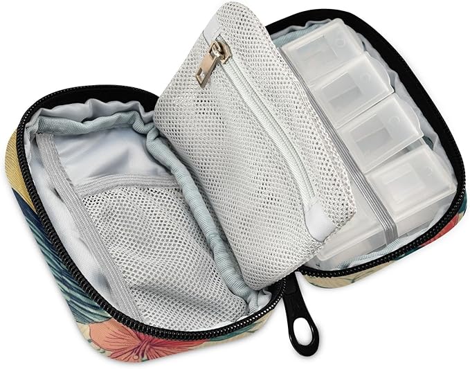 Travel Pill Case Bird and Blooming Flower Weekly Small Pill Box 7 Day Pill Box Pill Organizer Bag