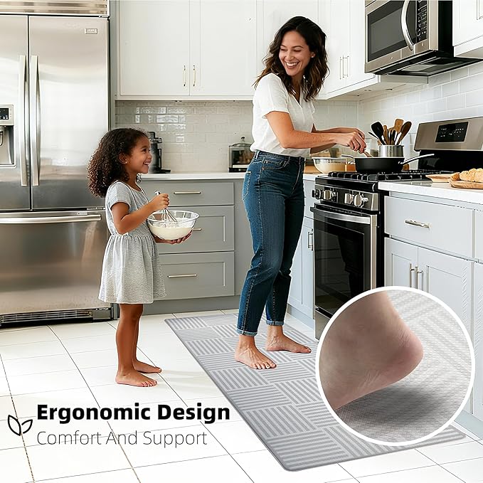 Kitchen Mats For Floor 2 Piece Cushioned Anti Fatigue Kitchen Plaid Rugs Set Non Slip Waterproof Comfort Foam Standing For Laundry,Desk,Office,Bathroom,Apartment Decor,17.3"X29"+17.3"X47",Grey