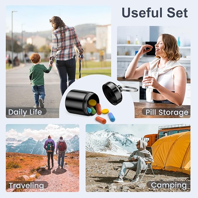 4 Pack Mini Pills Case Small Pill Holder Keychain for Purse - Portable Travel Pill Container Keychain, Waterproof Metal Daily Medicine Organizer Box for Office Outdoor Camping (Black & Grey)