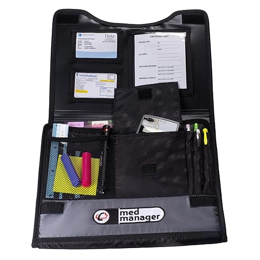 Med Manager Medicine Organizer and Binder, Removable Pouches, Detachable 5-Tab Expanding File Folder, Holds (15) Pill Bottles - (11) Standard Size and (4) Large Bottles, Black, 13 x 13 x 4.5 inches
