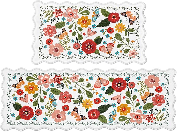 Scalloped Kitchen Mats for Floor 2PC Cushioned Anti Fatigue Kitchen Mats Rugs Waterproof Non Slip Farmhouse Boho Floral Comfort Foam Standing Mat for Sink Laundry, White