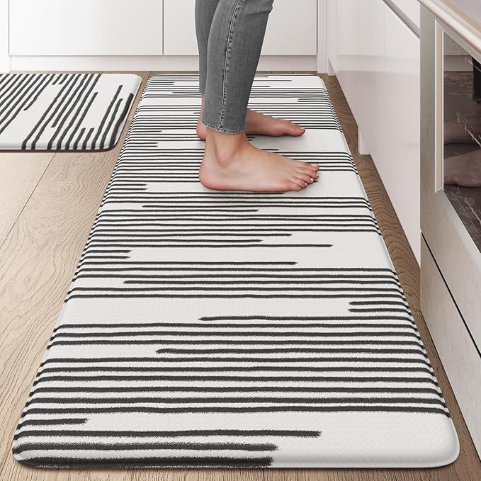 KIMODE Kitchen Mats Cushioned Anti Fatigue, Black Line Geometric Kitchen Rugs Sets of 2, Padded Kitchen Floor Mats Non Slip, Standing Desk Mats for Laundry Office Sink 20"x47"+20"x32"
