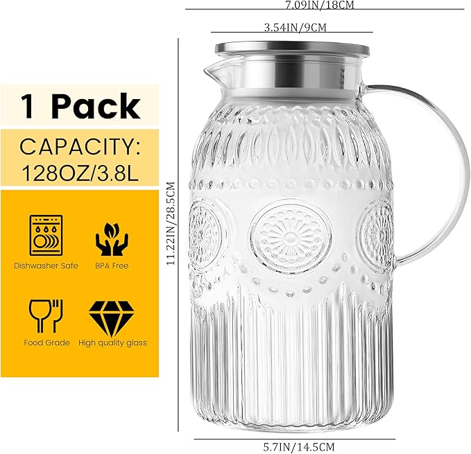 Bandesun Vintage Glass Pitcher with Lid, 128oz/ 1 Gallon Water Pitcher with Handle for Fridge Heat Resistant Borosilicate Water Jug, Carafe for Hot/Cold Coffee, Tea,Beverage 1Pack