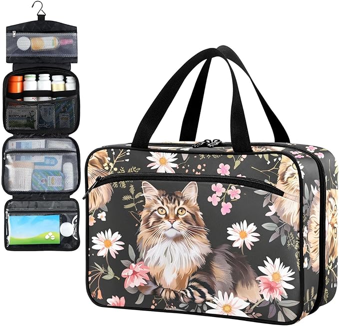 Fustylead Cute Maine Coon Cat and Beautiful Daisy Flower Pill Organizer Bag Large Medicine Travel Carrying Case with Zipper for Vitamin Supplements Fish Oil, Empty First Aid Kit for Hiking Camping