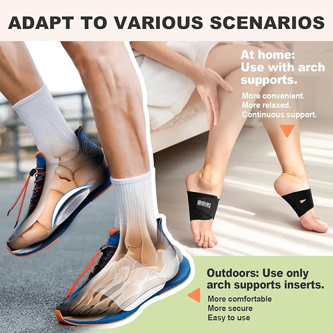 Wearable Arch Support Inserts for Women & Men – 2 Adjustable Heights, Non-Slip Breathable – Plantar Fasciitis Relief Arch Band for Flat Feet, High Arches