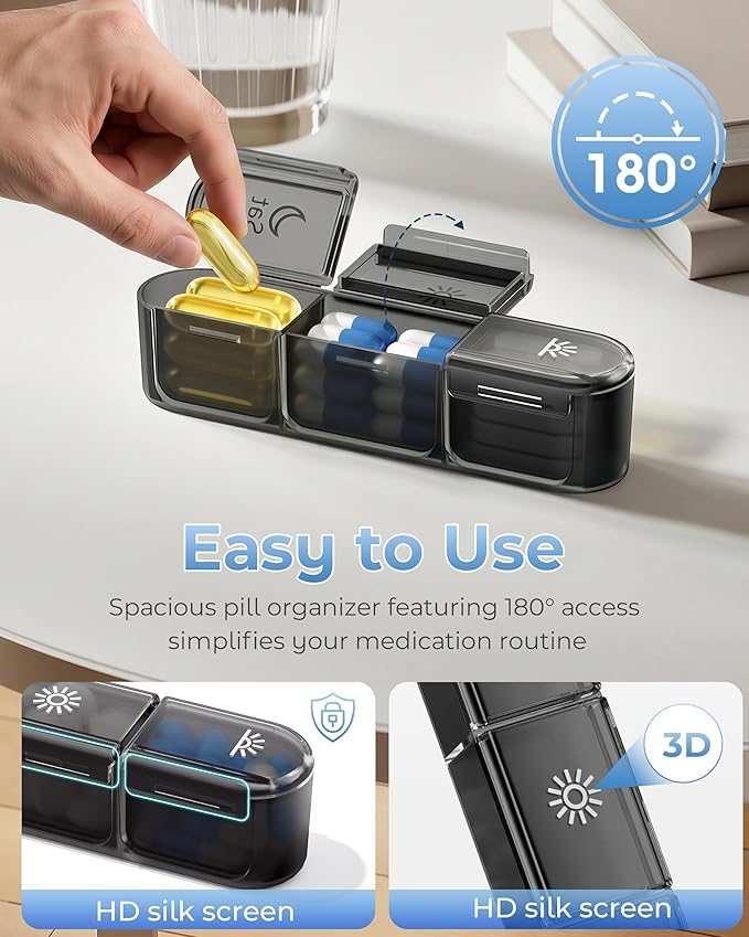 Pill Organizer 3X a Day｜Midnight Black Portable Pill Case｜7-Day Weekly Compartment｜Executive Travel Essential｜BPA-Free Health Companion｜Briefcase Must-Have