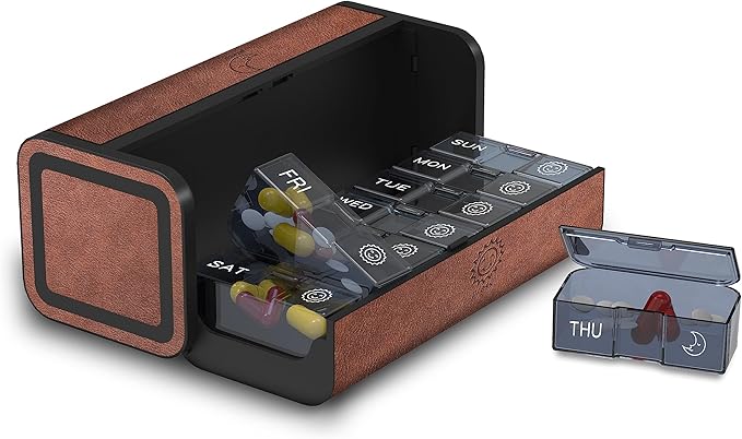 Pill Organizer 7 Day AM PM, Discreet 2 Times a Day Weekly Pill Box with Double Protection Shell, Large Capacity Portable Vitamin Case for Travel Meds & Medicine Organizer, Brown