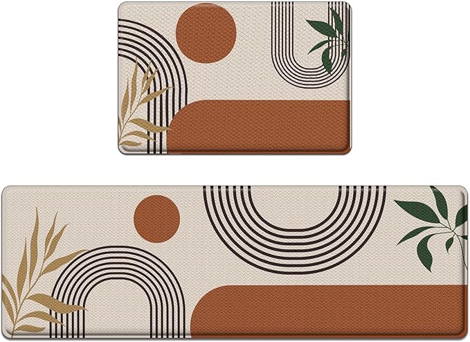 Kitchen Mats for Floor 2 PCS, Anti Fatigue Mat Set, Boho Cushioned Non Slip Waterproof Kitchen Rugs, Wipe Clean PVC Leather Runner for Sink, Laundry, Office, Kitchen Decor 17"x47"+17"x29", Brown