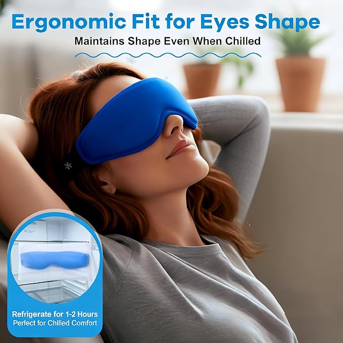 Contoured Cooling Gel Eye Mask: Upgraded Full-Eye 3D Coverage, Faster Cold Compress Relief for Puffy Eyes & Dark Circles, Reusable Soft Ice Gel for Eye Bags, Tired Eyes, Self Care (Blue)