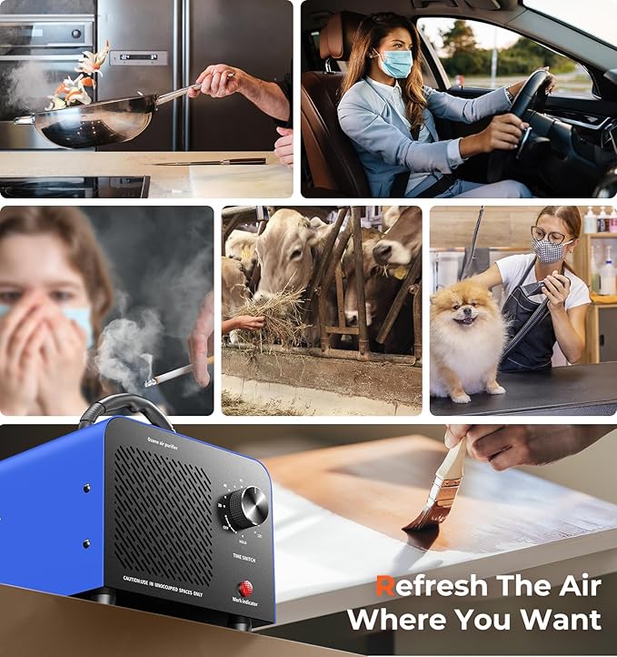 Ozone Generator, 48,000mg/h High Capacity O3 Machine for Large Spaces Up to 4,000 Sq Ft, Portable Odor Eliminator for Car, Home, Basement, Smoke, Pets, and Commercial Use, Blue