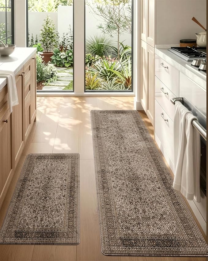 LUMI Anti-Fatigue Kitchen Floor Mats Set of 2,Cushioned Comfort Standing Rug Waterproof 2PCS, Non-Slip Ergonomic Foam Runner for Sink, Laundry, Office & Home,17x29+17x59,Khaki Garden