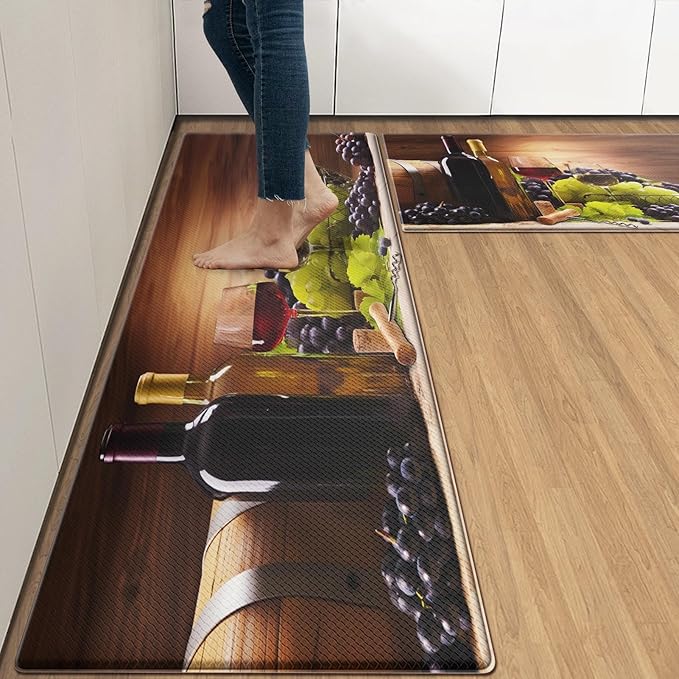 Anti-Fatigue Wine Kitchen Rug Set of 2 Cushioned Grape Mat for Floor, Vintage Standing Waterproof Non-Slip Rug PVC Ergonomic Comfort Foam Decor for Kitchen